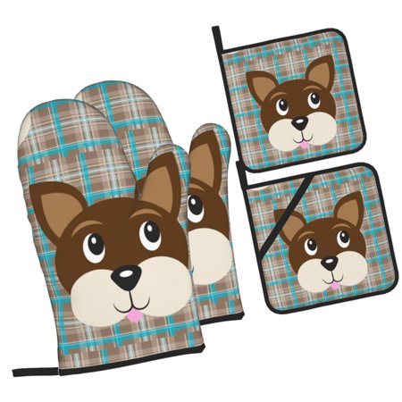 Dog Face Plaid Pattern Oven Mitts and Pot Holders Sets Baking Sets for Kitchen BBQ Gloves Heat Resistant Cooking \r\nAnimal Pet Cute Canine 4 Pieces