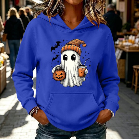 Hoodie for Women Halloween Ghost Graphic Pullover Hooded Sweatshirts Fall Casual Long Sleeve Soft Fleece Hoody Jackets with Kangaroo Pocket Ladies' Halloween Party Costumes