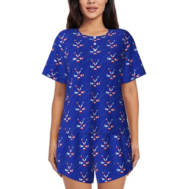 Balery Hockey Conjunto de Pijama para Mujer con Estampado, Dos Piezas de Manga Corta y Shorts, Ropa de Dormir Suave con Cuello Redondo y Bolsillos-Large