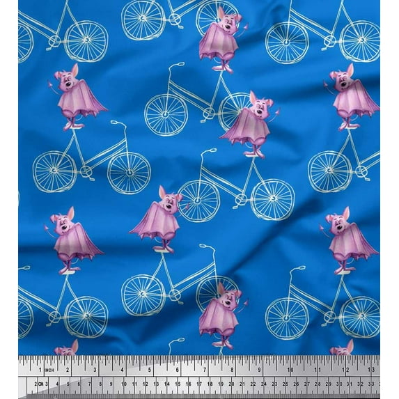 Soimoi Silk Fabric Bicycle & Bat Kids Print Fabric by The Yard 42 Inch Wide