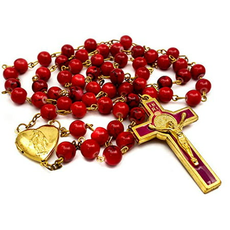 Nazareth Store Red Coral Beads Rosary Necklace Catholic Saint Benedict Chaplet Heart...