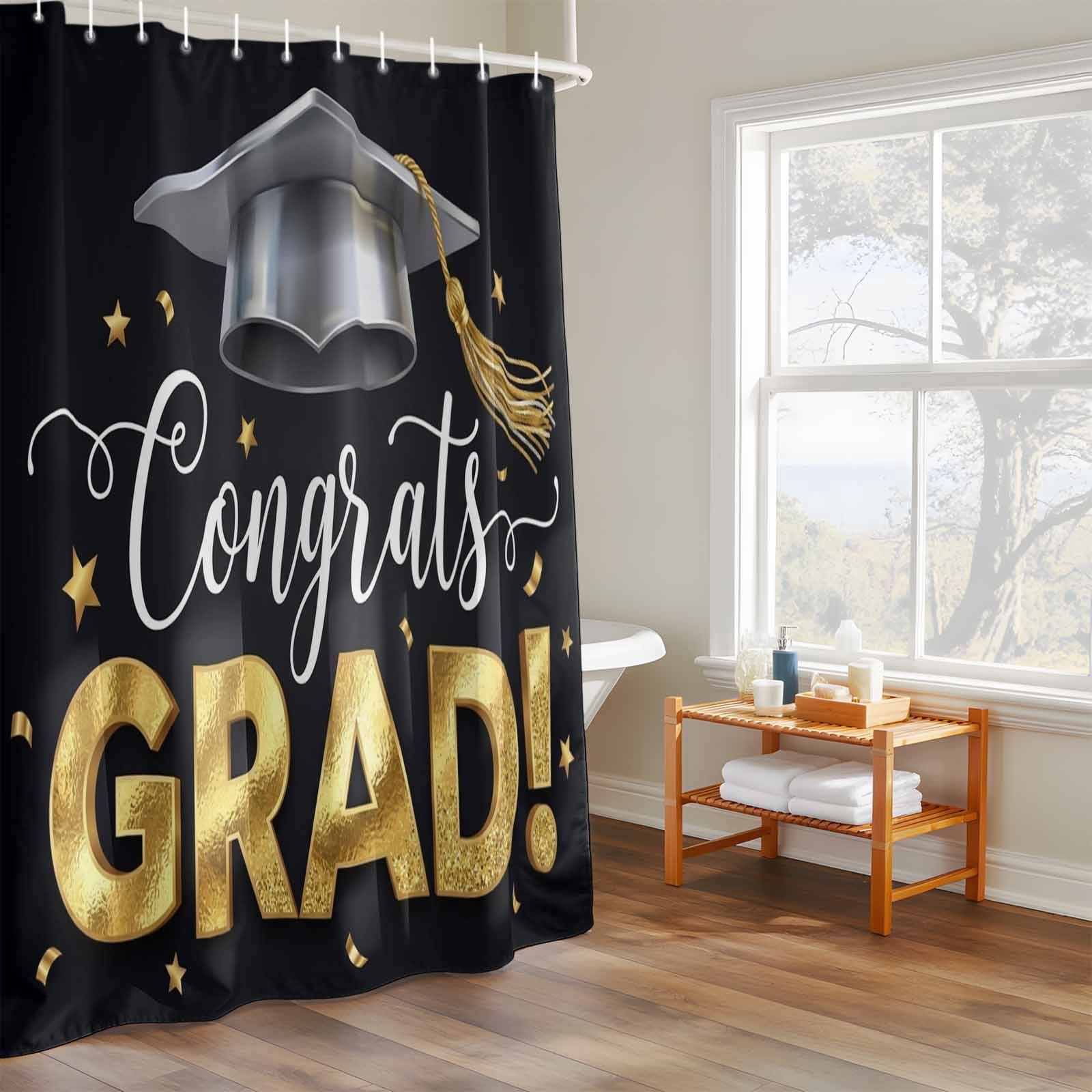 Graduate Season Shower Curtain, Congrats Grad Bachelor's Cap Celebration Black Waterproof Shower Curtain Set with 12 Hooks Lightweight Bath Curtains Fabric Bathroom Decor 72x78 Inches