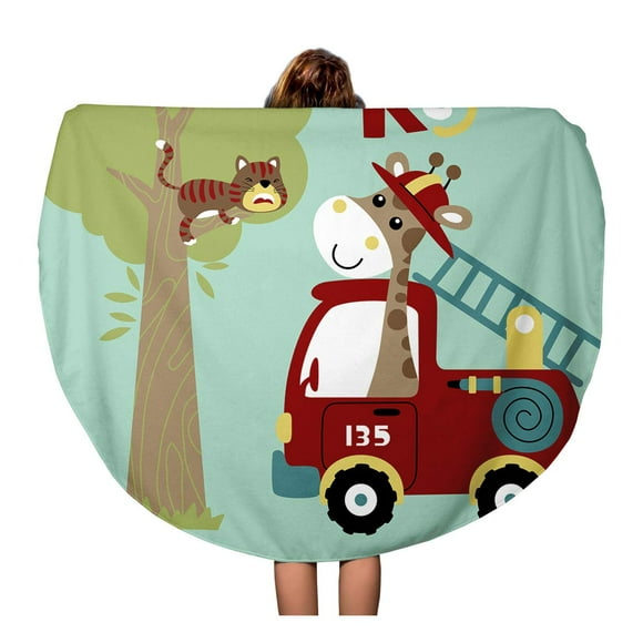 NUDECOR 60 inch Round Beach Towel Blanket Red Rescue Mission Cartoon Cat Character Cheerful Climb Comic Travel Circle Circular Towels Mat Tapestry Beach Throw