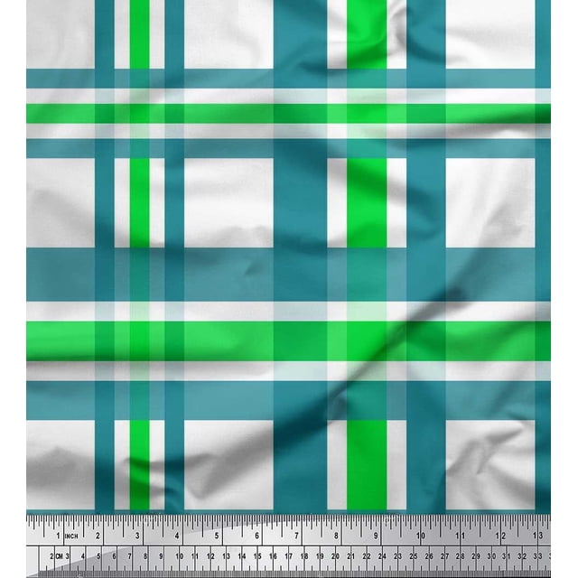 Soimoi Green Crepe Silk Fabric Gingham Check Printed Fabric 1 Yard 42 Inch Wide