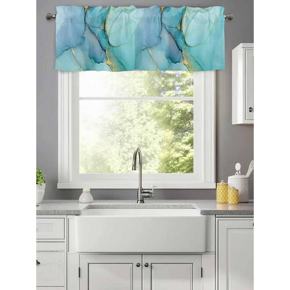 Valance for Windows,Ombre Aqua Green Blue Marble Valances Curtain Rod Pocket Valance for Kitchen Bedroom Living Room Bathroom,Golden Vein Abstract Color Short Curtains Window Treatment 42x12in