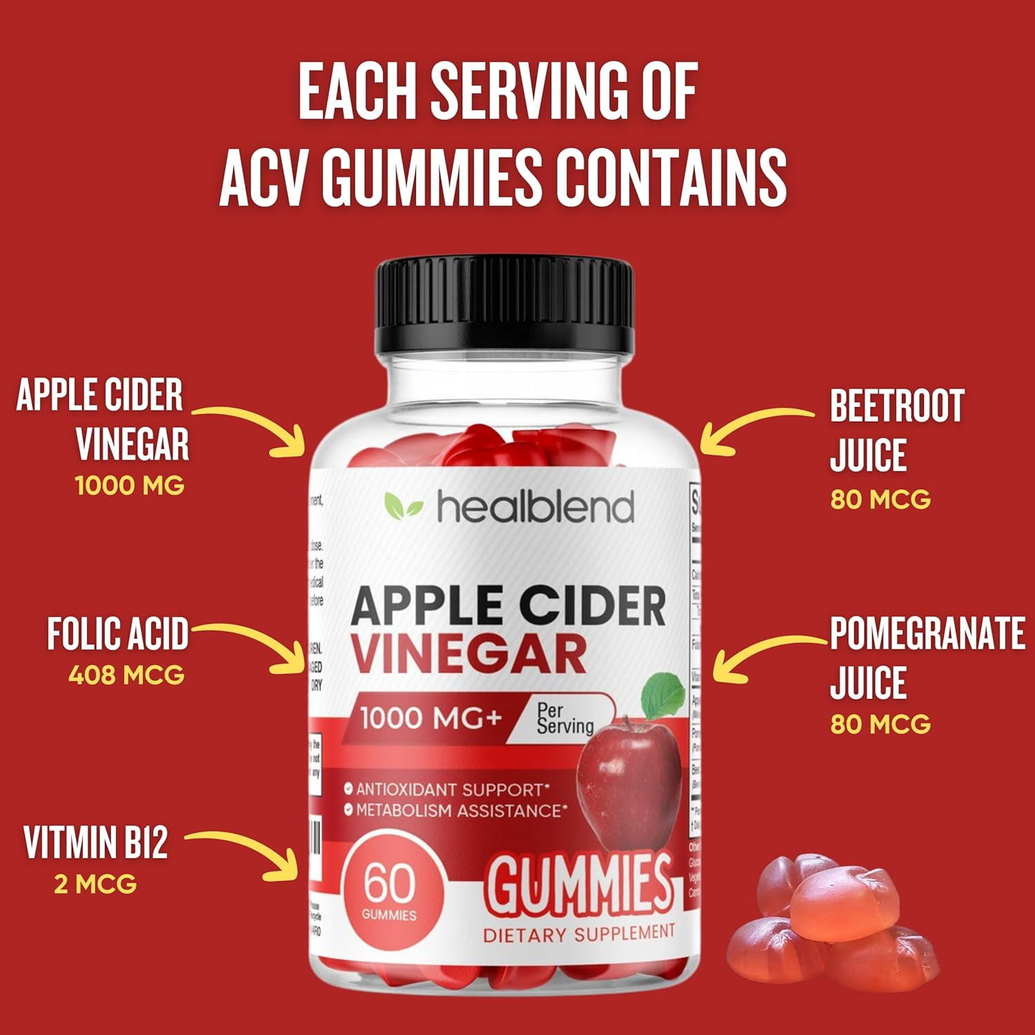 Healblend Apple Cider Vinegar Gummies - ACV 1000mg Advanced Weight Loss, Metabolism Booster, Antioxidant Support Supplement with Vitamin B12, for Women & Men 2-Pack