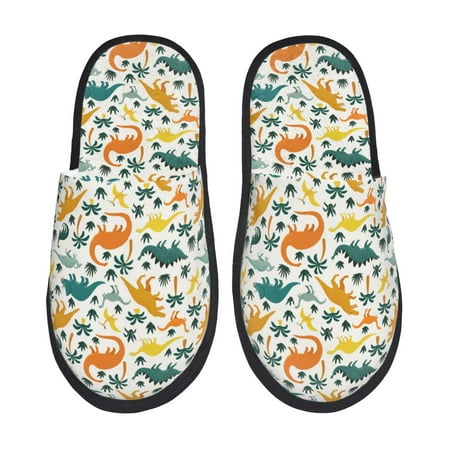 Balery Dinosaurs and Tropical Leaves Slient Indoor Furry Fleece Comfort House Shoes Soft Non-Slip Home Shoes Cotton slippers House Slippers-- Medium