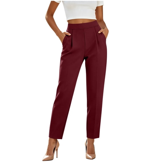 Ohufall Elegant Womens Pants Solid Tailored Straight Pant Elastic Waist Side Pocket Pants Office Daily Wear