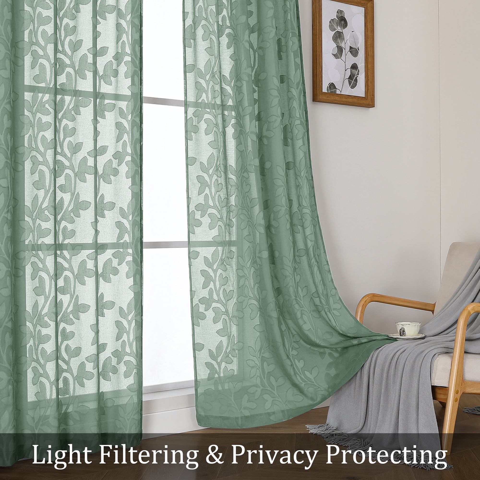 OVZME Darla Sage Green Sheer Curtains, 2 Panels Set 52x120 Inch, Light Filtering Soft & Breathable, Jacquard Farmhouse Textured Window Drapes for Living Room,52Wx120L Inch, Sage Green