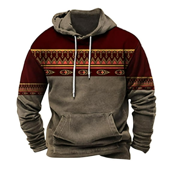 jsaierl Christmas Mens Shirts Mens Pullover Sweatshirt Ethnic Aztec Printed Kangaroo Pocket Fall Winter Young Hoodie Polynesian Tribal Pullover Tops Mens Black Henley