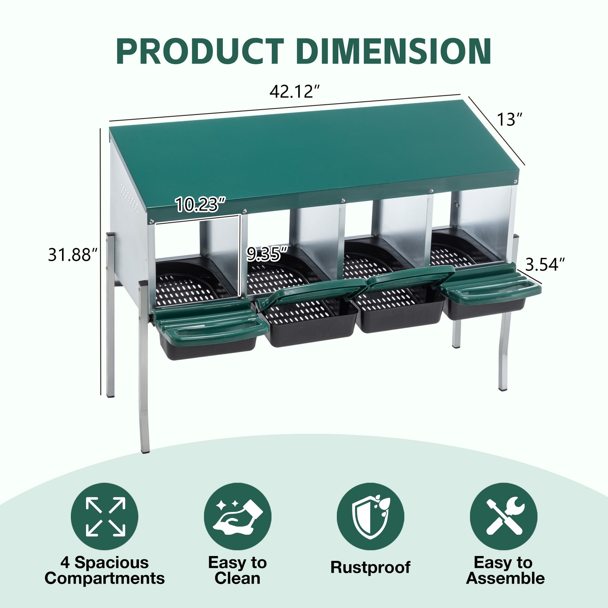 4-Hole Chicken Nesting Box with Legs & Lid Cover, Galvanized Steel Freestanding & Wall-Mount Egg Laying Box, Green Poultry Nest Box for Coop Farm