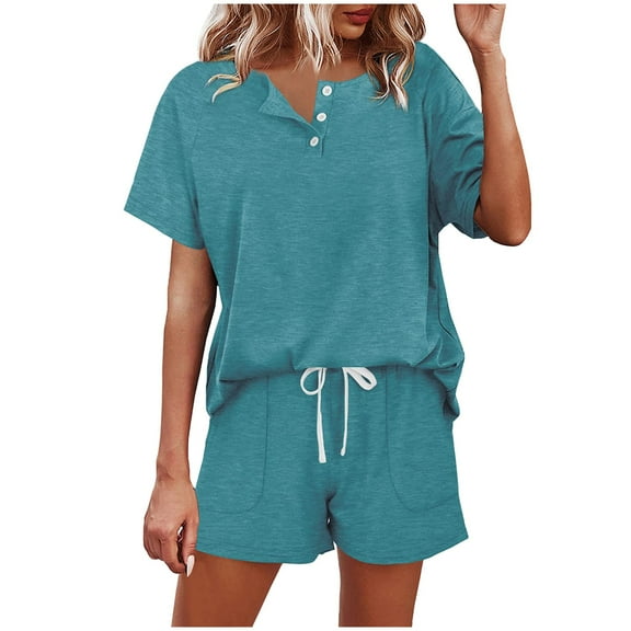 oqasdz Women Solid Color Short Sleeved Shirts Tops Shorts Casual Sets Button Drawstring Tie Up Sportswear Fashionable Female Dailywear