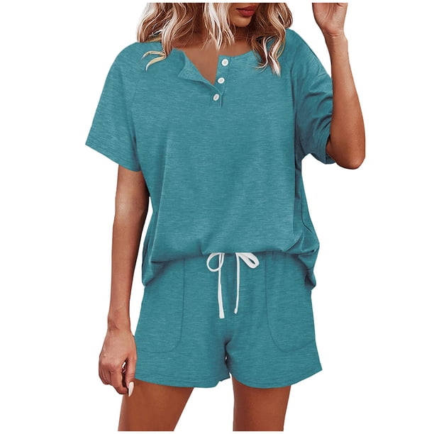 Conjunto informal de pantalones cortos de manga corta para mujer: cordón con botones, cintura elástica, ropa deportiva