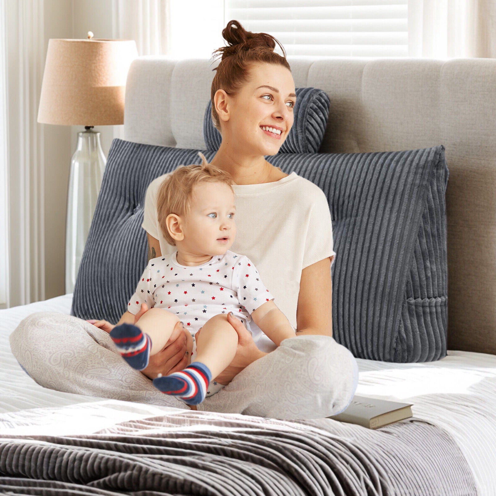 TOPCHANCES Headboard Reading Pillow with Pocket, Triangular Wedge Bedside Backrest Support Cushion with Detachable Neck Roll Pillow, Grey, 39x8x20 Inches
