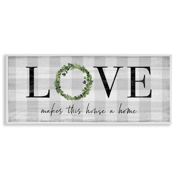 Stupell Industries French Country Love Makes House Home Phrase Green Wreathe Plaid White Framed Giclee Art, 30 x 13, by Natalie Carpentieri