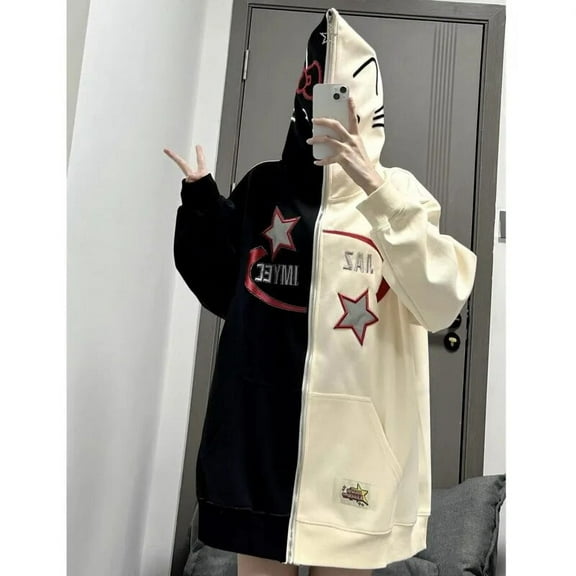 Sanrio Hello Kitty Y 2k Star Embroidery Cardigan Hooded Hoodie Women's Fall Winter Loose Zip Up Emo 90s Fashion Zipper Jacket