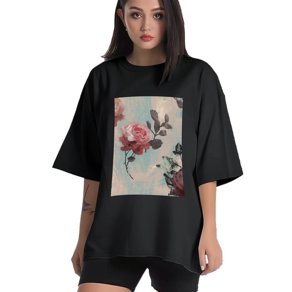 Plus Size Shirt for Women Black Tops for Women Short Sleeves Shirt for Women Roses2 T Shirt Crewneck Shirt for Women XS