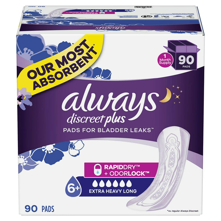 Always Discreet plus, Incontinence Pads for Women, Extra Heavy Absorbency,  Long Length, (90 ct.)