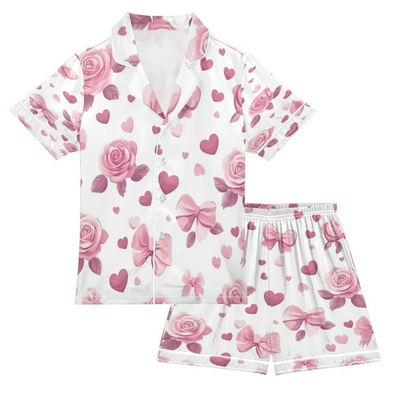 Silky Satin Kids' Pajama Set Breathable & Smooth Unisex Button-Down Pajamas Pink Roses and Bows