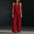 thumbnail image 4 of Linen Sets for Womens 2 Piece Outfits Casual Minimalist Halter Neck Top and High Waisted Wide Leg Pants Summer Matching Outfit with Pockets, 4 of 9