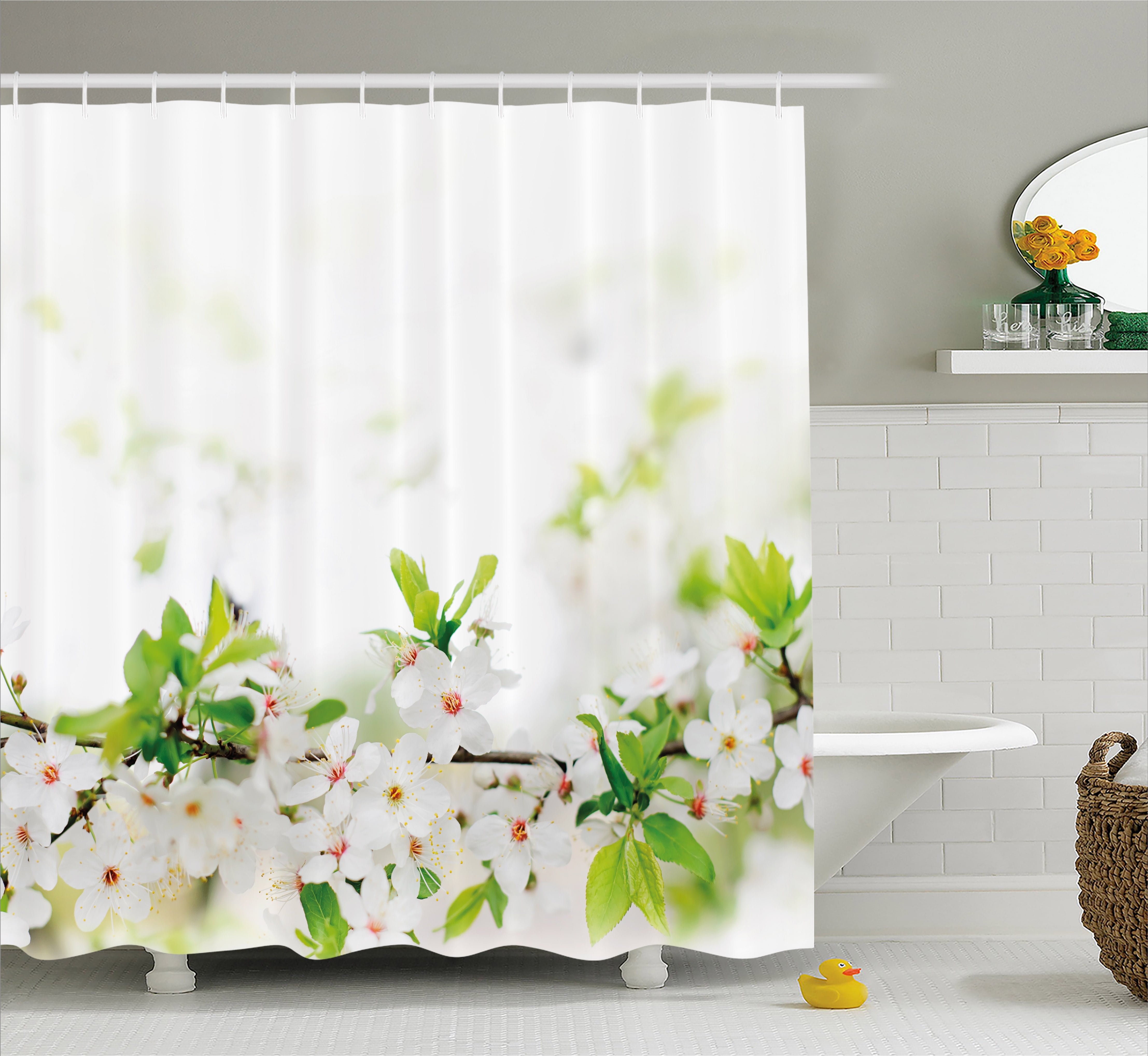 Flower Shower Curtain, White Springtime Blossoms on Tree Branch
