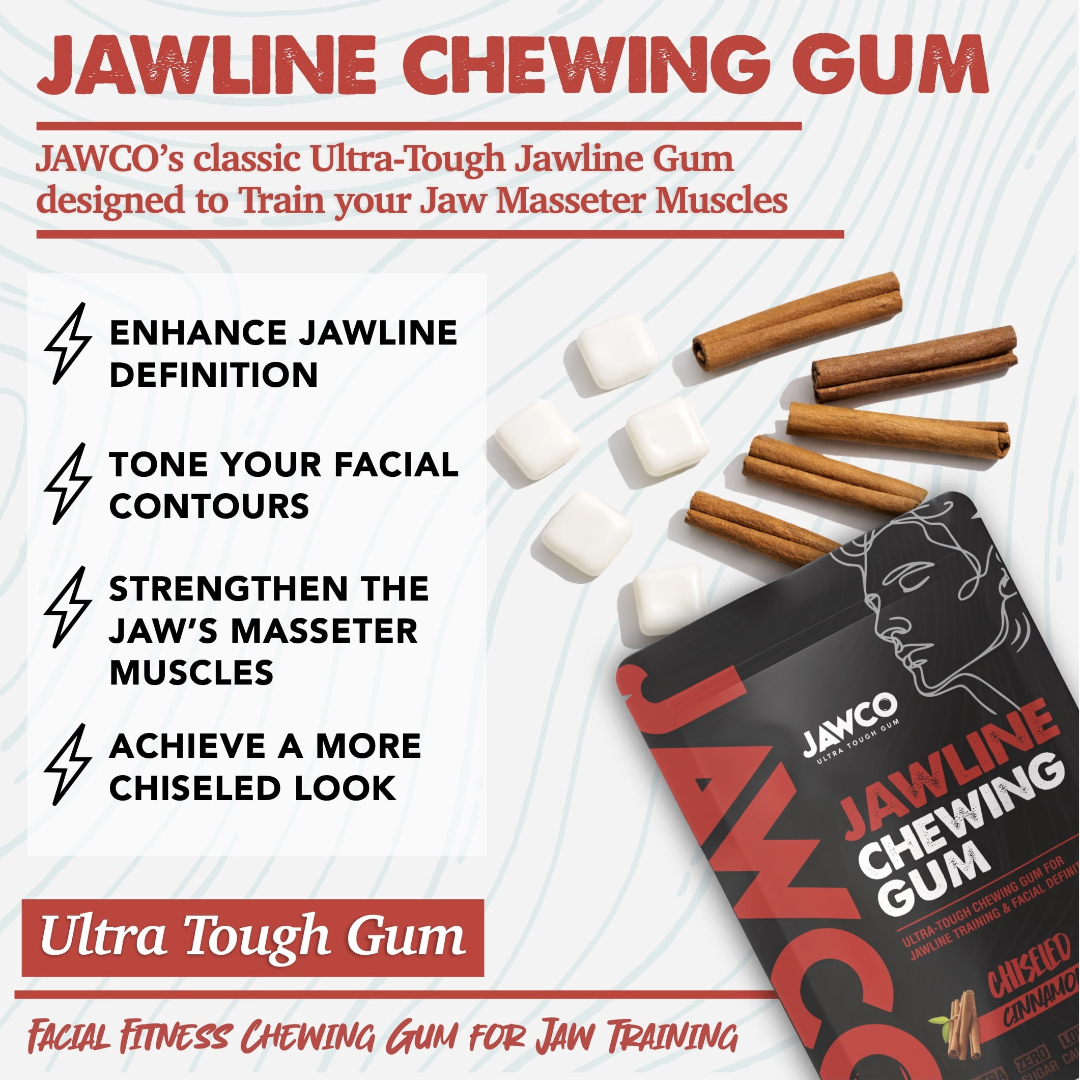 JAWCO Ultra-Tough Jawline Chewing Gum | Cinnamon Facial Fitness Hard Gum | 3-PACK