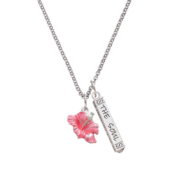 Delight Jewelry Silvertone Hot Pink Hibiscus Flower Silvertone Hope Anchors the Soul Bar Charm Necklace, 23"