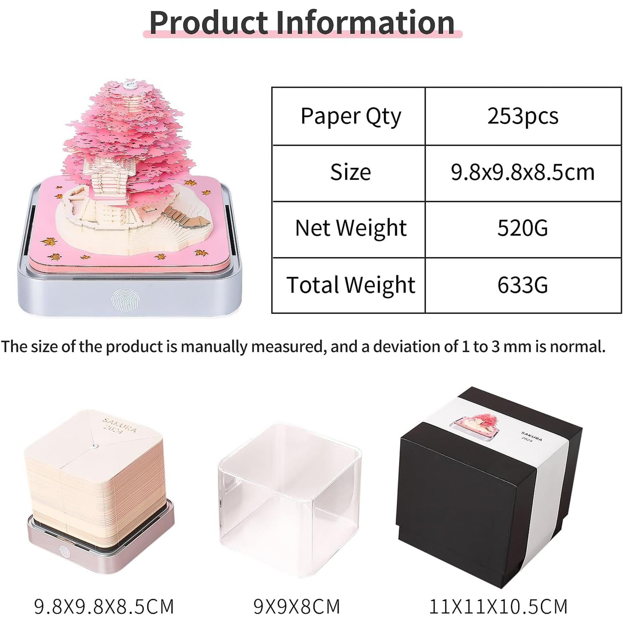 SQDWYGG 3D Memo Pads Paper, Creative Time Piece 2025 Notepad Artopad Carving Gift Desktop Decoration, Artist DIY Notes With LED Lights Craft,Pink Tree,3.85" x 3.85"x 3.34"