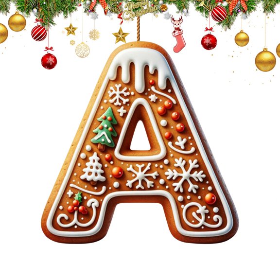 26 Letters Christmas Tree Decoration, Gingerbread Alphabet Christmas Tree Ornaments, Candy Initial Letter Pendant with Berries Pattern, Christmas Decoration Xmas Tree Hanging Decor, A