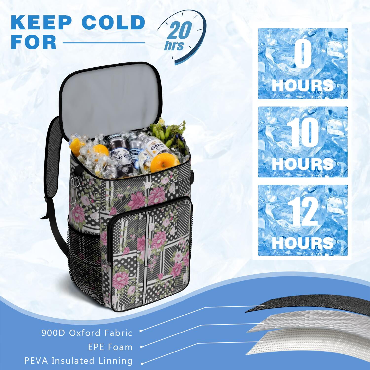 Travel Cooler Bag - Pioneer Flower Camping Beer Cooler Backpack with Bottle Opener- Waterproof Insulated Picnic Backpacks - Cooler Bag for Beach