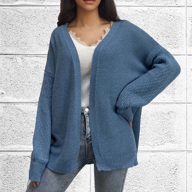 Suéter de cuello en V, estilo europeo y holgado, tejido informal, con mangas abullonadas, para mujer.
