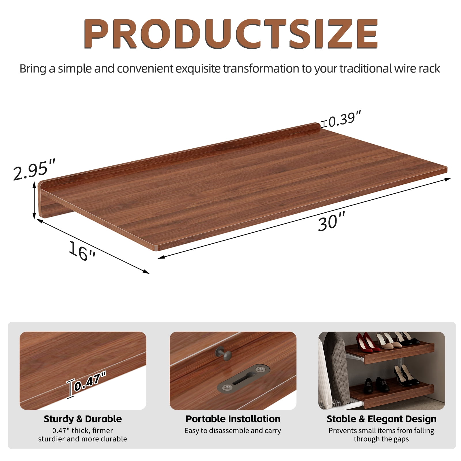 30" x 16" Heavy Duty MDF Wood Shelf Liners, 0.6 Inch Thick Wire Rack Covers for Removable Closet Pantry Shelves, Tool-Free Shelf Cover for Cabinet Bathroom Kitchen Shelving Decoration