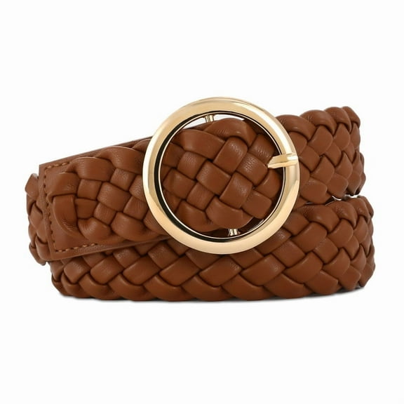 RISANTRY Women's Soft Brown Leather Braided Woven Belt Design with Gold Circular Buckle Casual Belt for Pants Jeans