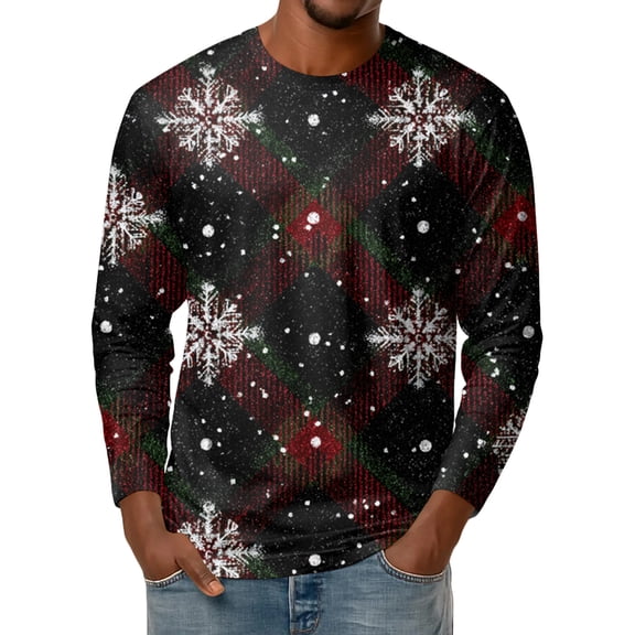Men's Fashion Printed Round Neck Long Sleeve Bottoming Shirt Top with Christmas Snow Night Print for Seasonal Outfits and Daily Wear - Soft and Warm Men's Base Layer,Black,L
