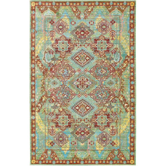 Unique Loom Cavatina Austin Rug Green/Burgundy 5' 1" x 8' Rectangle Border Bohemian Perfect For Living Room Bed Room Dining Room Office