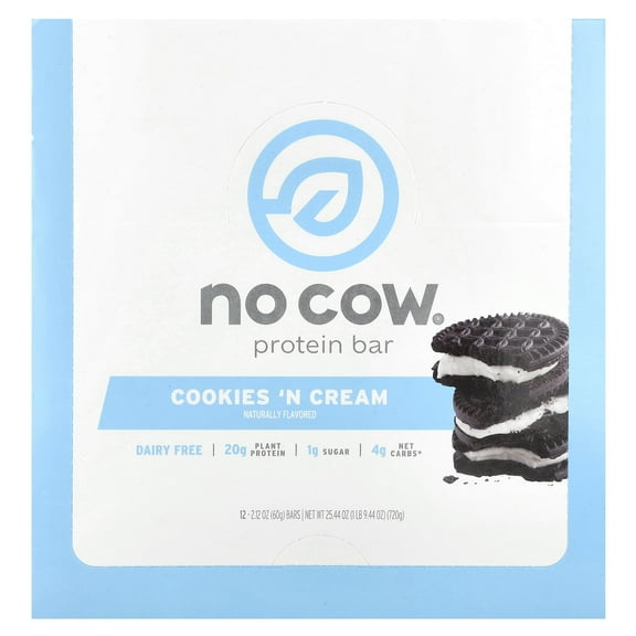 No Cow Vegan Protein Bars, Cookies ‘N Cream, Box of 12