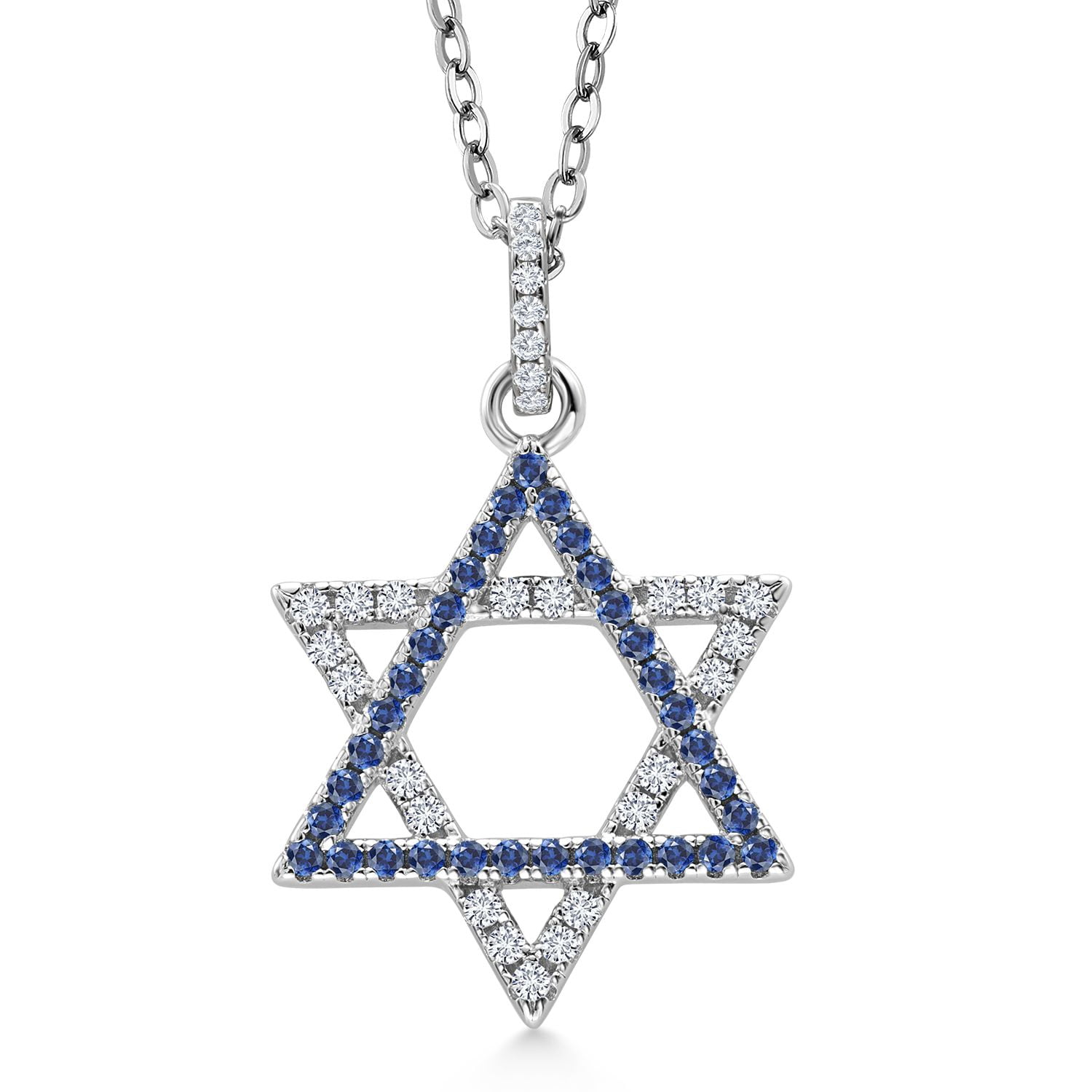 Gem Stone King Blue Created Sapphire and White Moissanite Star Of David Pendant Necklace for Women | 925 Sterling Silver | 0.55 Cttw | 16X16MM | With 18 inch Chain