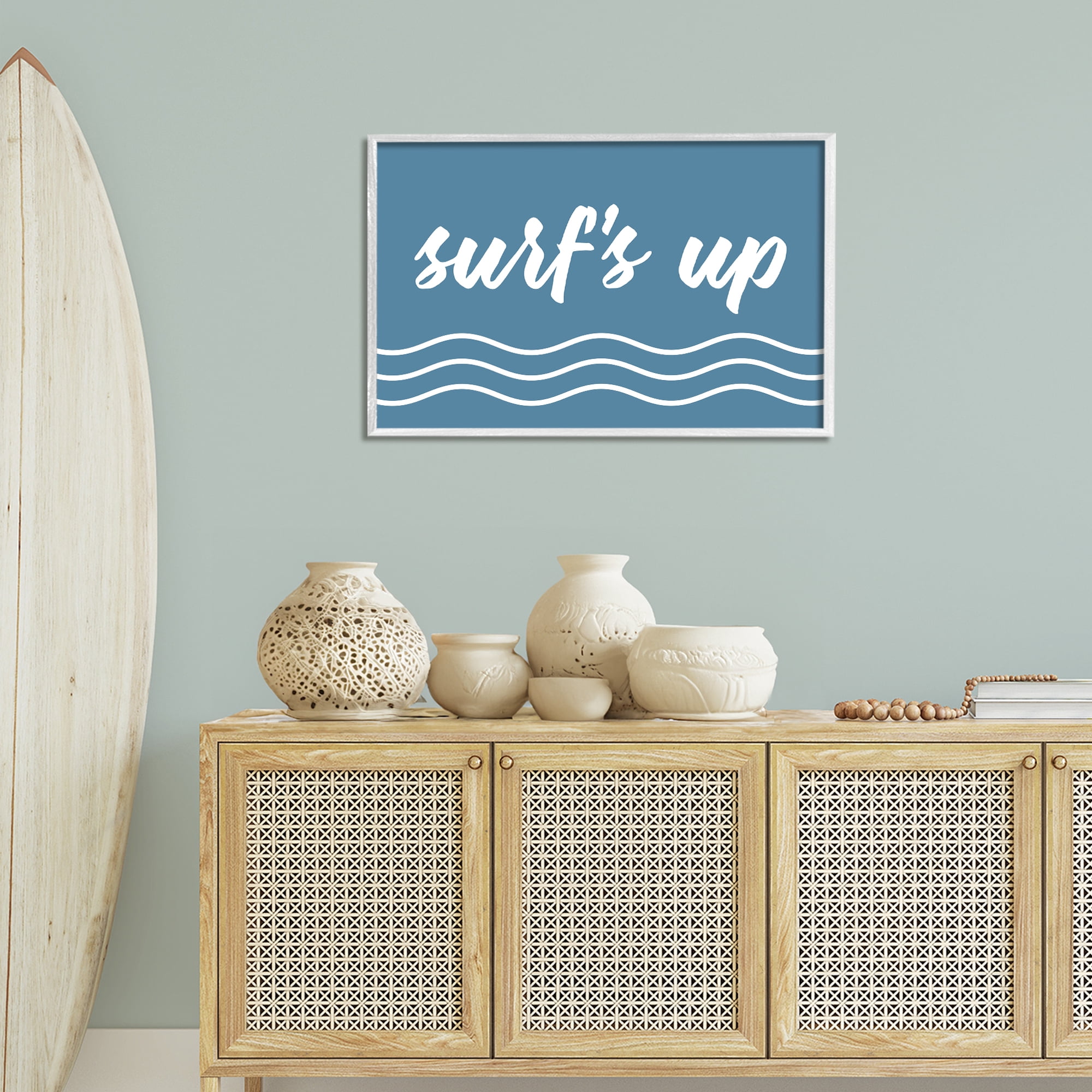 Stupell Industries Blue Surf's Up Typography Painting White Framed Art Print Wall Art, 30 x 20