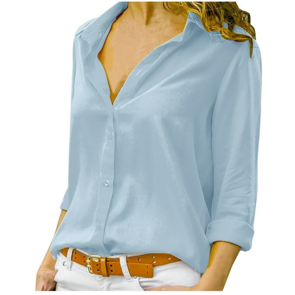 Dndkilg Womens Button Down Shirt Long Sleeve Classic Collared Tops Work Office Casual Chiffon Blouse Light blue 2XL