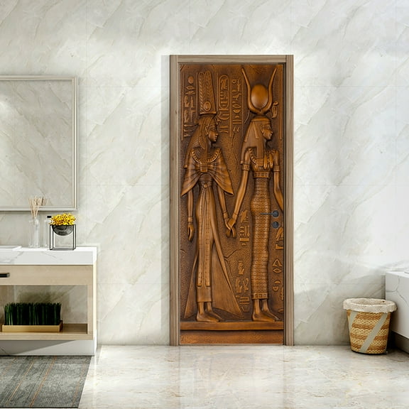 Retro Door Sticker 3D Egyptian Sculpture Wallpaper Living Room Kitchen PVC Waterproof Home Decal Vinyl Door Mural,SP-F335,S(38.5x200cmx2Pcs)