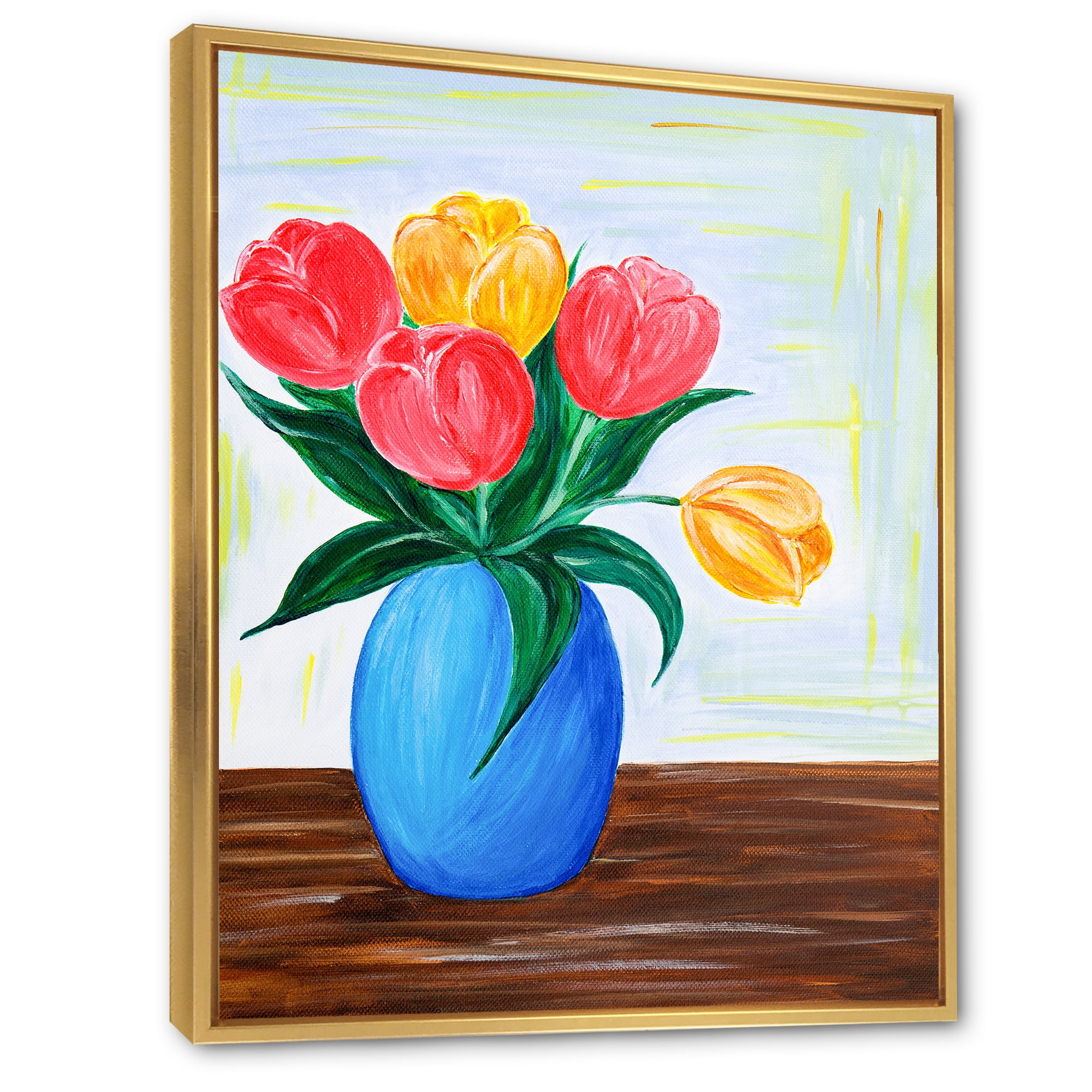 Designart 'Bouquet Of Orange and Red Tulips In A Vase' Traditional Framed Canvas Wall Art Print