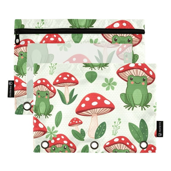 ALAZA 2 Pack Pencil Pouch Frog with Mushroom Pencil Case for 3 Ring Binder Clear Window Pencil Bag Organizers