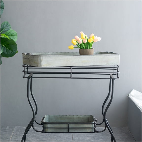 JERFIT Antique Gray Galvanized Iron Tray Table with Handles, 2-Tier Rolling Cart Accent Table for Farmhouse, Industrial, Patio & Garden Decor