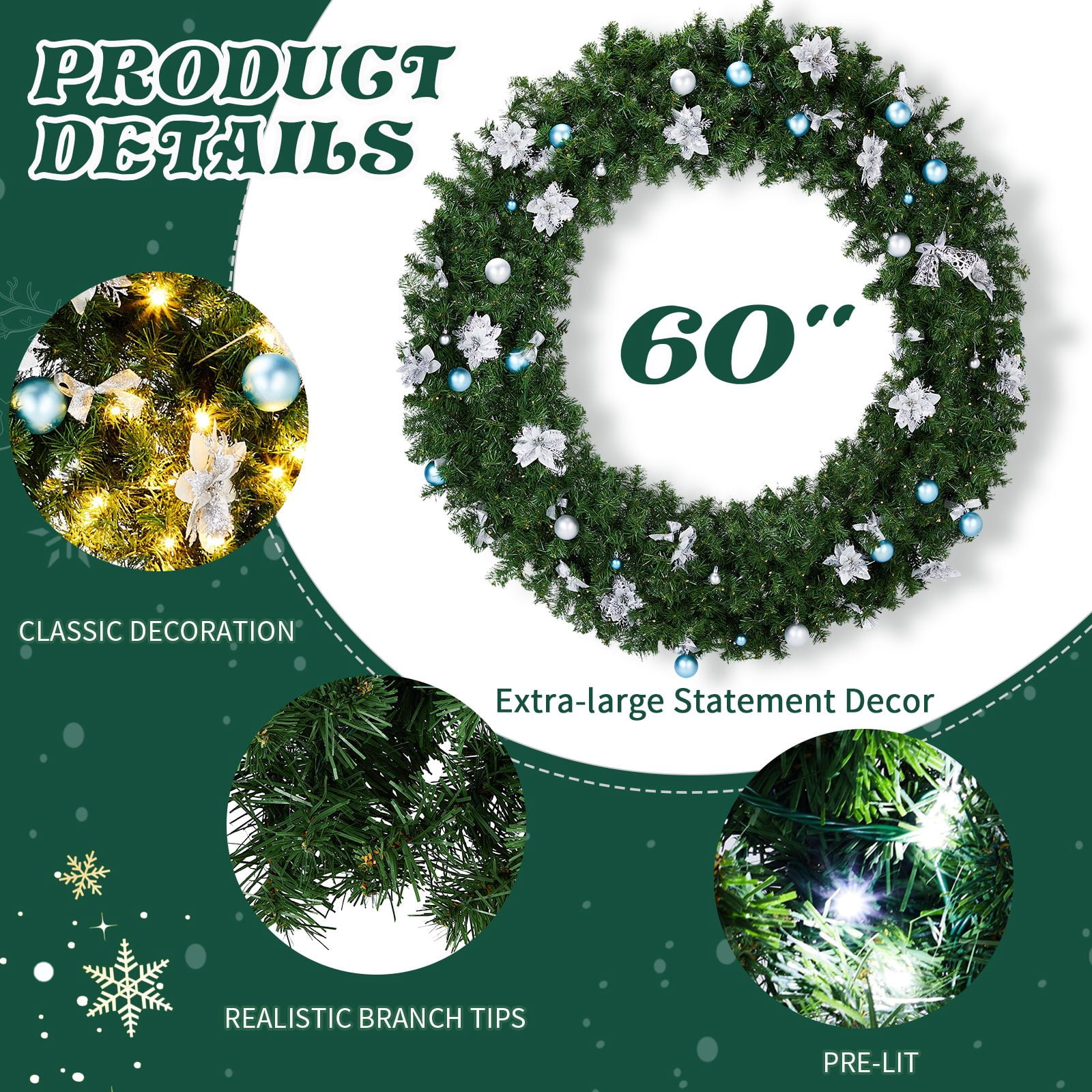 60in Pre-lit Christmas Wreath, Lighted Artificial Xmas Wreath with 220 Cold & Warm White Lights and 600 PVC Tips and DIY Ornaments, for Front Door Gate Wall Xmas Party Decorations, Light Green