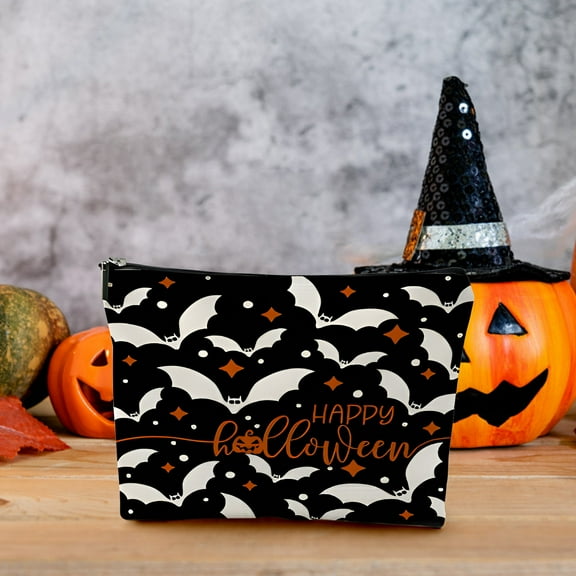 Bat Pattern Makeup Bag Waterproof Halloween Cosmetic Case With Linen Finish
