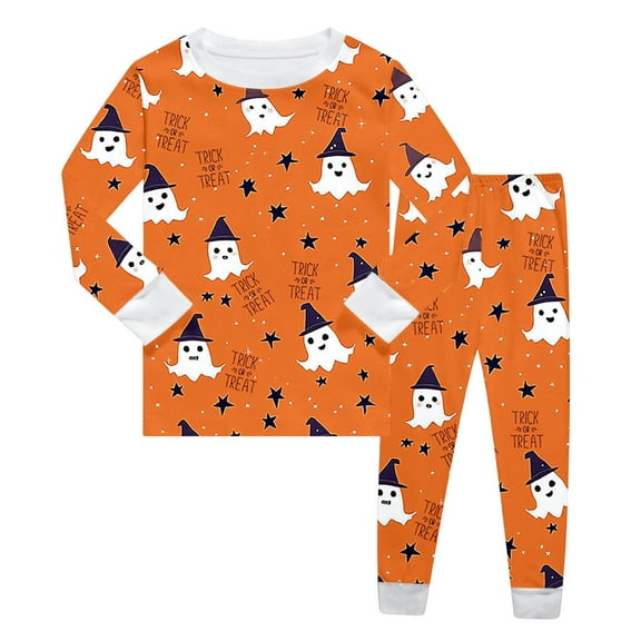Huowey Halloween Bamboo Pajamas Toddler Girls Crew Neck Cute Print Pajama Sets Long Sleeve Lovely Sleepwear 2 Piece Pjs Multiple Cartoon Jammies Nightwear,Orange,5-6 Years