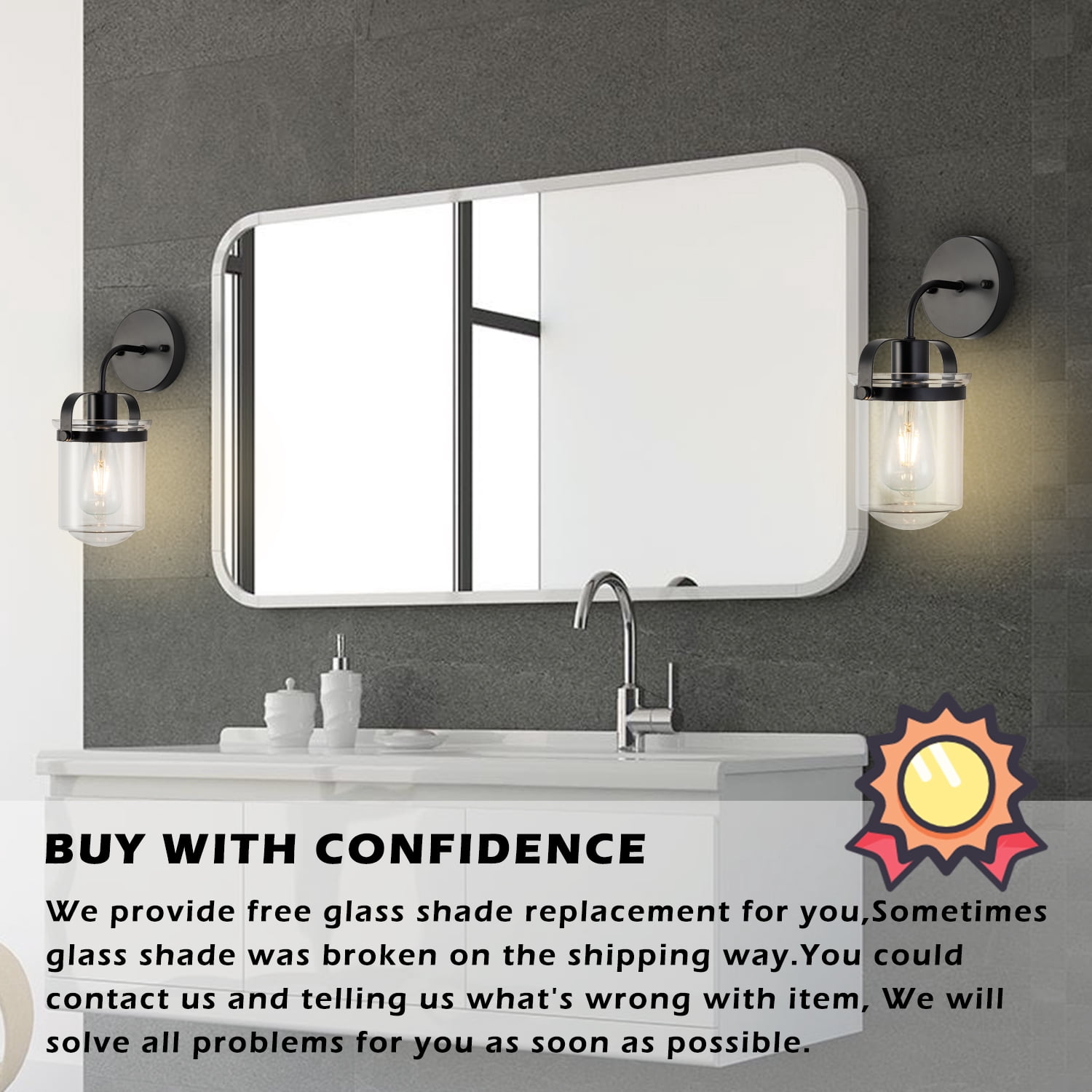 Gzxs Wall Lighting, 1 Light Matte Black Bathroom Light Fixtures, Metal Vanity Light with Clear Glass Shade, Vintage Industrial Wall Lamp for Indoor Mirror, Living Room, Hallway (Bulbs Not Included)