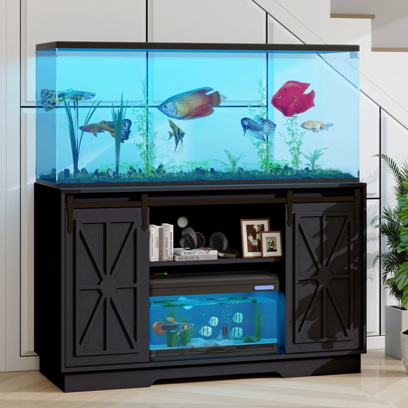 PULUOMIS 55-75 Gallon Farmhouse Fish Tank Stand with Sliding Barn Doors, Aquarium Stand with Cabinet for Fish Tank Accessories Storage, Turtle Tank, Reptile Terrarium, Capacity 1100 LBS