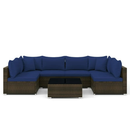 YYAo Patio Seating Sets,Outdoor Living Room Sets,7 Pieces Patio Rattan Furniture Set with Sectional Sofa Cushions-Navy