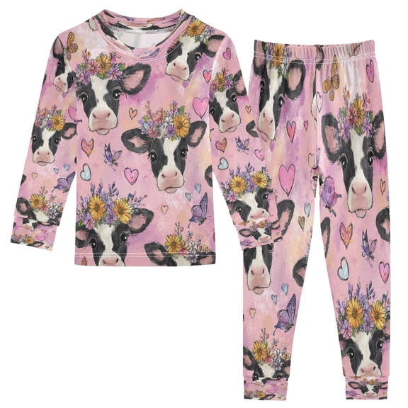 RMDQTR Cotton Pajama Set - 95% Cotton Soft Breathable Elastic Waist Round Neck Sleepwear for 18M-8Y Beautiful Cows with Flowers